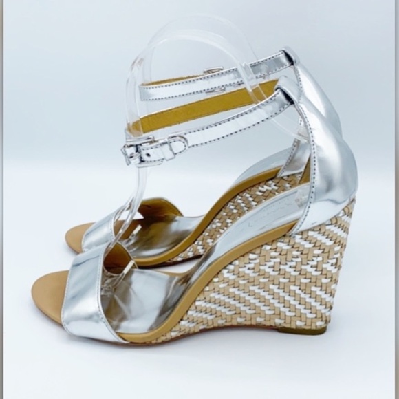 Coach Open Toe silver ankle wrap Basketwave Wedges - Picture 3 of 8